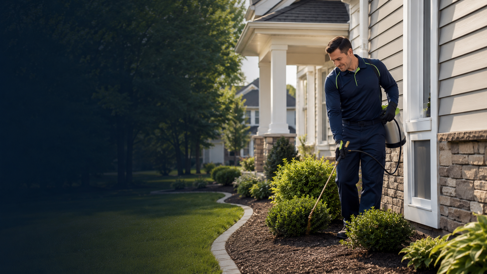 Pest control technician treating the exterior of a home